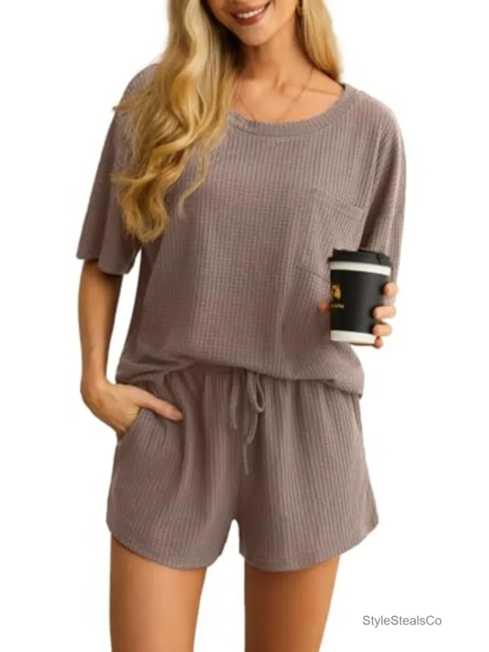 Waffle Knit Lounge Set 2 Piece Pajamas for Women with Pockets